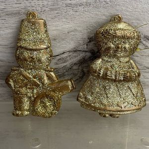 2 Gold Sparkle Christmas Tree Ornaments Mrs Claus Women & Nutcracker Cannon 3”